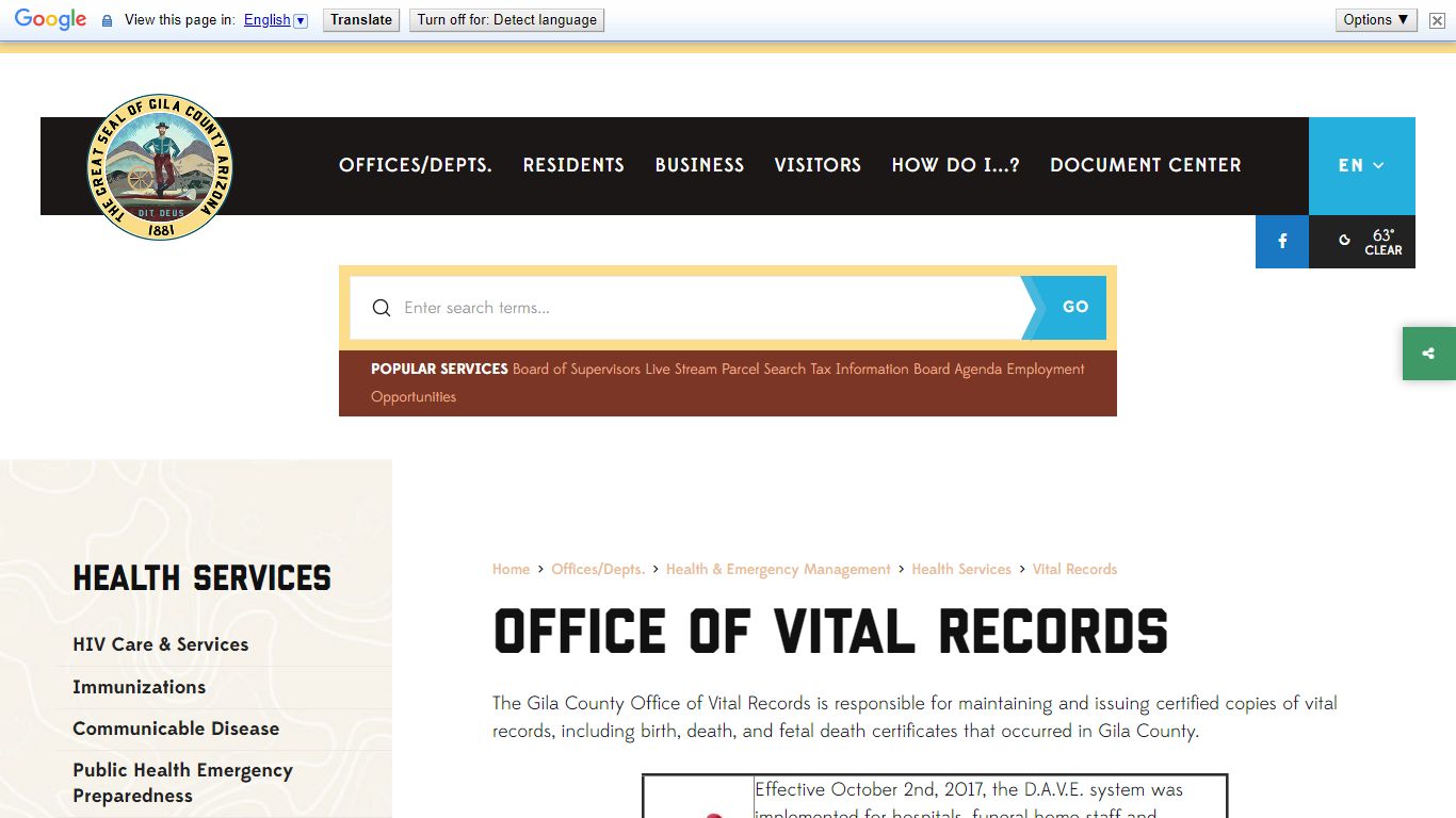 Office of Vital Records - Gila County, Arizona